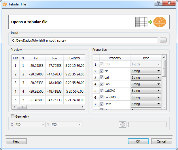 tabular filw without geometry.