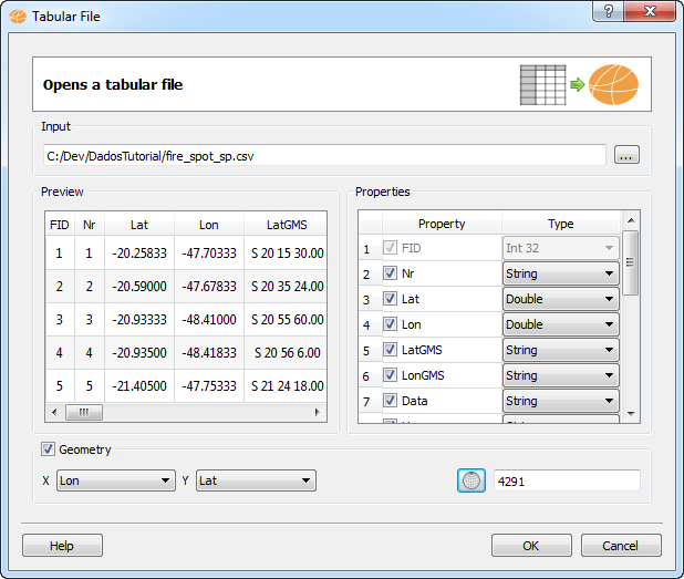tabular file, configured geometry